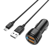 Заредете изображение във визуализатора на галерията – Borofone Car charger BZ17 Core - 2xUSB - QC 3.0 18W with USB to Micro USB cable black
