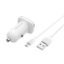 Заредете изображение във визуализатора на галерията – Borofone Car charger BZ12 Lasting Power - 2xUSB - 2,4A with USB to Micro USB cable white
