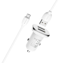 Заредете изображение във визуализатора на галерията – Borofone Car charger BZ12 Lasting Power - 2xUSB - 2,4A with USB to Micro USB cable white
