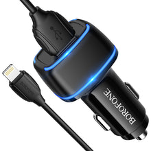 Заредете изображение във визуализатора на галерията – Borofone Car charger BZ14 Max - 2xUSB - 2,4A with USB to Lightning cable black

