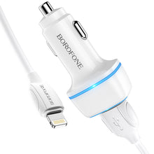 Заредете изображение във визуализатора на галерията – Borofone Car charger BZ14 Max - 2xUSB - 2,4A with USB to Lightning cable white
