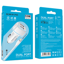 Заредете изображение във визуализатора на галерията – Borofone Car charger BZ14 Max - 2xUSB - 2,4A with USB to Lightning cable white
