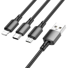 Заредете изображение във визуализатора на галерията – Borofone Cable BX72 3 in 1 - USB to Type C, Micro USB, Lightning - 2A 1 metre black
