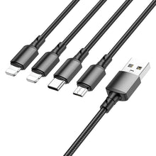 Заредете изображение във визуализатора на галерията – Borofone Cable BX72 4 in 1 - USB to Type C, Micro USB, 2xLightning - 2A 1 metre black
