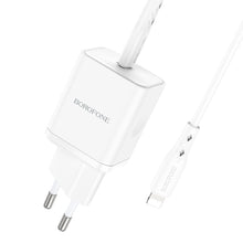 Заредете изображение във визуализатора на галерията – Borofone Wall charger BN6 Field - Type C - QC 3.0 PD 20W with Type C to Lightning cable white
