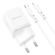 Заредете изображение във визуализатора на галерията – Borofone Wall charger BN6 Field - Type C - QC 3.0 PD 20W with Type C to Lightning cable white

