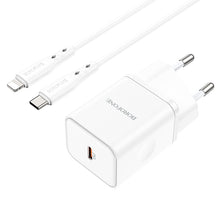 Заредете изображение във визуализатора на галерията – Borofone Wall charger BN6 Field - Type C - QC 3.0 PD 20W with Type C to Lightning cable white
