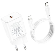 Заредете изображение във визуализатора на галерията – Borofone Wall charger BN6 Field - Type C - QC 3.0 PD 20W with Type C to Lightning cable white
