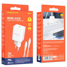 Заредете изображение във визуализатора на галерията – Borofone Wall charger BN6 Field - Type C - QC 3.0 PD 20W with Type C to Lightning cable white
