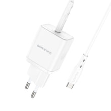 Заредете изображение във визуализатора на галерията – Borofone Wall charger BN6 Field - Type C - QC 3.0 PD 20W with Type C to Typ C cable white
