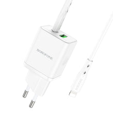 Заредете изображение във визуализатора на галерията – Borofone Wall charger BN7 - USB + Type C - QC 3.0 PD 20W with Type C to Lightning cable white
