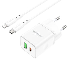 Заредете изображение във визуализатора на галерията – Borofone Wall charger BN7 - USB + Type C - QC 3.0 PD 20W with Type C to Lightning cable white
