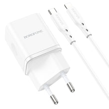 Заредете изображение във визуализатора на галерията – Borofone Wall charger BN7 - USB + Type C - QC 3.0 PD 20W with Type C to Lightning cable white
