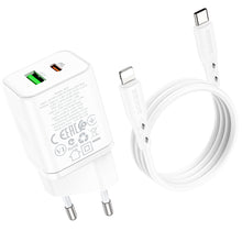 Заредете изображение във визуализатора на галерията – Borofone Wall charger BN7 - USB + Type C - QC 3.0 PD 20W with Type C to Lightning cable white
