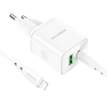Заредете изображение във визуализатора на галерията – Borofone Wall charger BN7 - USB + Type C - QC 3.0 PD 20W with Type C to Lightning cable white
