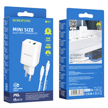 Заредете изображение във визуализатора на галерията – Borofone Wall charger BN7 - USB + Type C - QC 3.0 PD 20W with Type C to Lightning cable white
