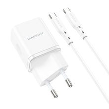 Заредете изображение във визуализатора на галерията – Borofone Wall charger BN7 - USB + Type C - QC 3.0 PD 20W with Type C to Type C cable white
