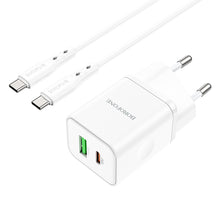 Заредете изображение във визуализатора на галерията – Borofone Wall charger BN7 - USB + Type C - QC 3.0 PD 20W with Type C to Type C cable white
