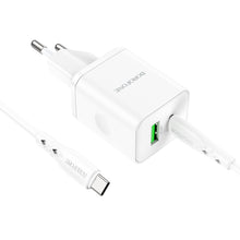 Заредете изображение във визуализатора на галерията – Borofone Wall charger BN7 - USB + Type C - QC 3.0 PD 20W with Type C to Type C cable white
