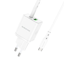 Заредете изображение във визуализатора на галерията – Borofone Wall charger BN7 - USB + Type C - QC 3.0 PD 20W with Type C to Type C cable white
