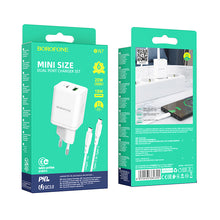 Заредете изображение във визуализатора на галерията – Borofone Wall charger BN7 - USB + Type C - QC 3.0 PD 20W with Type C to Type C cable white
