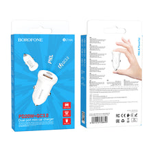 Заредете изображение във визуализатора на галерията – Borofone Car charger BZ18A - USB + Type C - PD 20W QC 3.0 18W white
