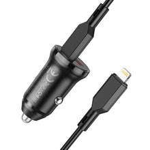 Заредете изображение във визуализатора на галерията – Borofone Car charger BZ18A - USB + Type C - PD 20W QC 3.0 18W with Type C to Lightning cable black
