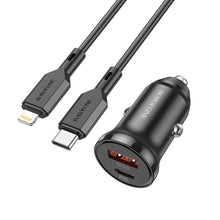 Заредете изображение във визуализатора на галерията – Borofone Car charger BZ18A - USB + Type C - PD 20W QC 3.0 18W with Type C to Lightning cable black
