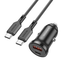 Заредете изображение във визуализатора на галерията – Borofone Car charger BZ18A - USB + Type C - PD 20W QC 3.0 18W with Type C to Typ C cable black
