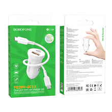 Заредете изображение във визуализатора на галерията – Borofone Car charger BZ18A - USB + Type C - PD 20W QC 3.0 18W with Type C to Typ C cable white
