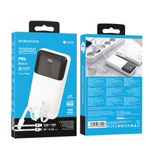 Заредете изображение във визуализатора на галерията – Borofone Power Bank 20000mAh BJ22A - USB - PD QC 3.0 22,5W with Type C and Lightning cables white

