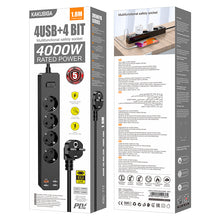 Заредете изображение във визуализатора на галерията – KAKU Power strip KSC-717 Zhengya - 4 outlets 230V + 3xUSB + Type C - black
