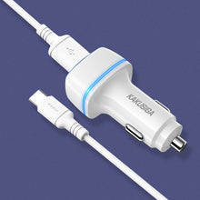 Заредете изображение във визуализатора на галерията – KAKU Car Charger KSC-528 Shengyu - 2xUSB - 2,8A with USB to Type C white
