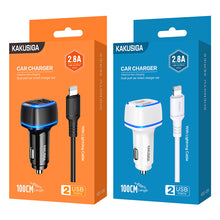Заредете изображение във визуализатора на галерията – KAKU Car Charger KSC-528 Shengyu - 2xUSB - 2,8A with USB to Lightning white
