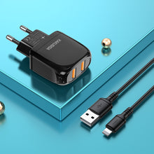 Заредете изображение във визуализатора на галерията – KAKU Wall charger KSC-694 Xuansu - 2xUSB - 2,4A with USB to Lightning black
