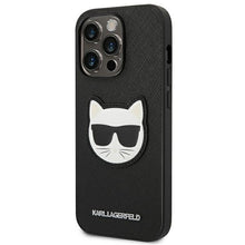 Заредете изображение във визуализатора на галерията – Original KARL LAGERFELD Case Saffiano Choupette Head Patch KLHCP14LSAPCHK for Iphone 14 Pro black
