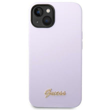 Заредете изображение във визуализатора на галерията – Original Case GUESS Silicone Vintage Gold Logo GUHCP14MSLSMU for Iphone 14 Plus purple
