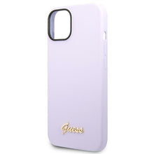 Заредете изображение във визуализатора на галерията – Original Case GUESS Silicone Vintage Gold Logo GUHCP14MSLSMU for Iphone 14 Plus purple
