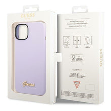 Заредете изображение във визуализатора на галерията – Original Case GUESS Silicone Vintage Gold Logo GUHCP14MSLSMU for Iphone 14 Plus purple
