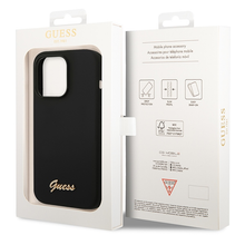 Заредете изображение във визуализатора на галерията – Original Case GUESS Silicone Vintage Gold Logo GUHCP14XSLSMK for Iphone 14 Pro Max black
