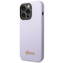 Заредете изображение във визуализатора на галерията – Original Case GUESS Silicone Vintage Gold Logo GUHCP14XSLSMU for Iphone 14 Pro Max purple
