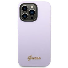 Заредете изображение във визуализатора на галерията – Original Case GUESS Silicone Vintage Gold Logo GUHCP14XSLSMU for Iphone 14 Pro Max purple
