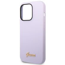 Заредете изображение във визуализатора на галерията – Original Case GUESS Silicone Vintage Gold Logo GUHCP14XSLSMU for Iphone 14 Pro Max purple

