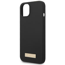 Заредете изображение във визуализатора на галерията – Original Case GUESS Silicone Logo Plate MagSafe GUHMP14MSBPLK for Iphone 14 Plus black
