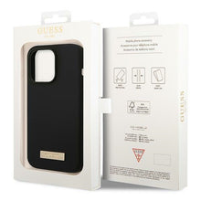 Заредете изображение във визуализатора на галерията – Original Case GUESS Silicone Logo Plate MagSafe GUHMP14XSBPLK for Iphone 14 Pro Max black
