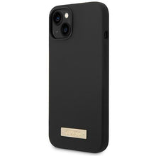 Заредете изображение във визуализатора на галерията – Original Case GUESS Silicone Logo Plate MagSafe GUHMP14SSBPLK for Iphone 14 black

