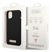 Заредете изображение във визуализатора на галерията – Original Case GUESS Silicone Logo Plate MagSafe GUHMP14SSBPLK for Iphone 14 black
