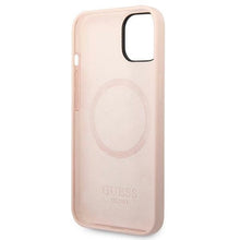 Заредете изображение във визуализатора на галерията – Original Case GUESS Silicone Logo Plate MagSafe GUHMP14SSBPLP for Iphone 14 pink
