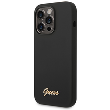 Заредете изображение във визуализатора на галерията – Original Case GUESS Silicone Vintage Gold Logo GUHCP14LSLSMK for Iphone 14 Pro black
