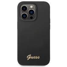 Заредете изображение във визуализатора на галерията – Original Case GUESS Silicone Vintage Gold Logo GUHCP14LSLSMK for Iphone 14 Pro black
